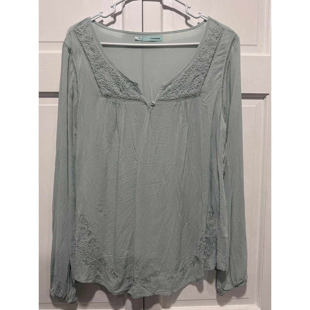 Maurices size Large Sage Green Embroidered Boho Peasant Blouse Rayon